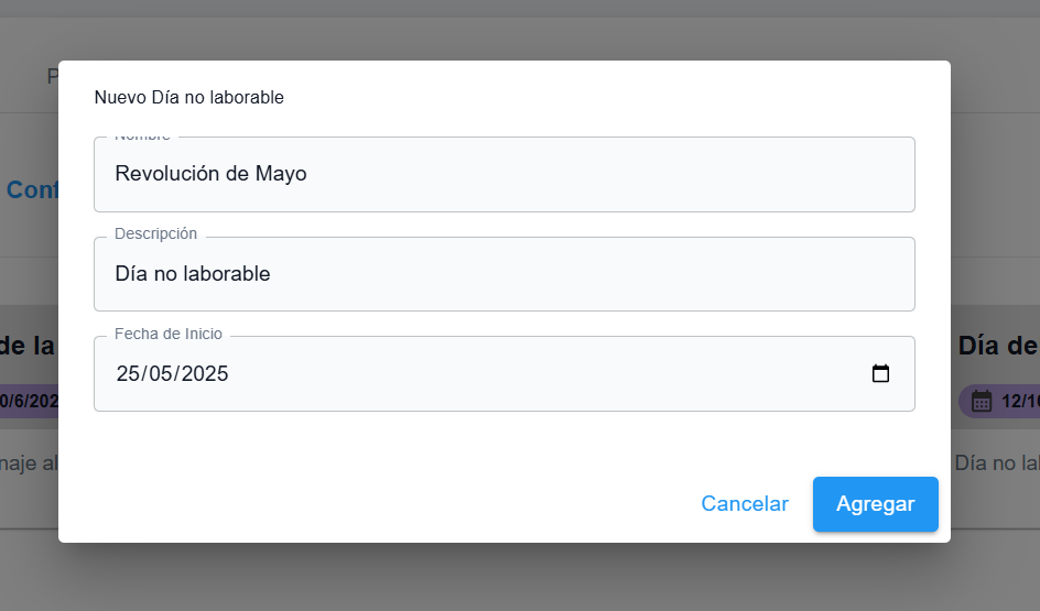 Vista de carga de datos para un día no laborable