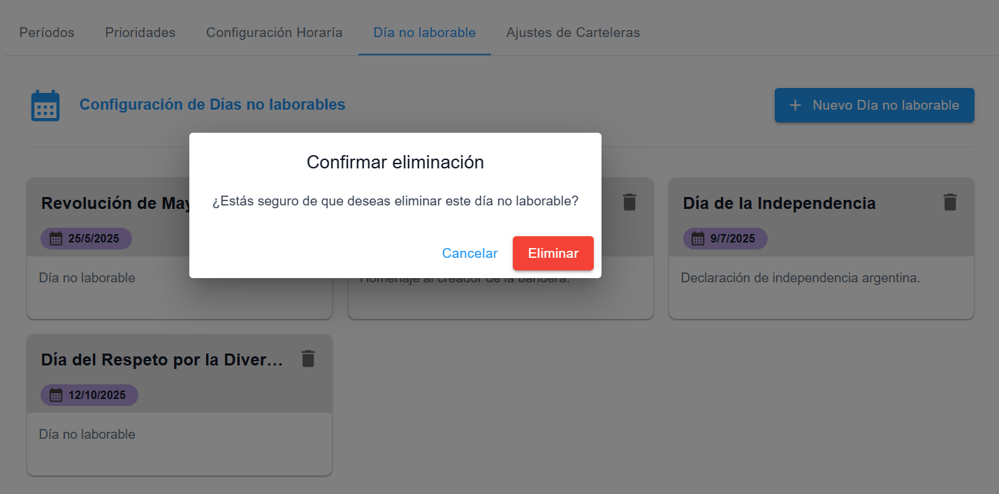 Vista de carga de días no laborales 