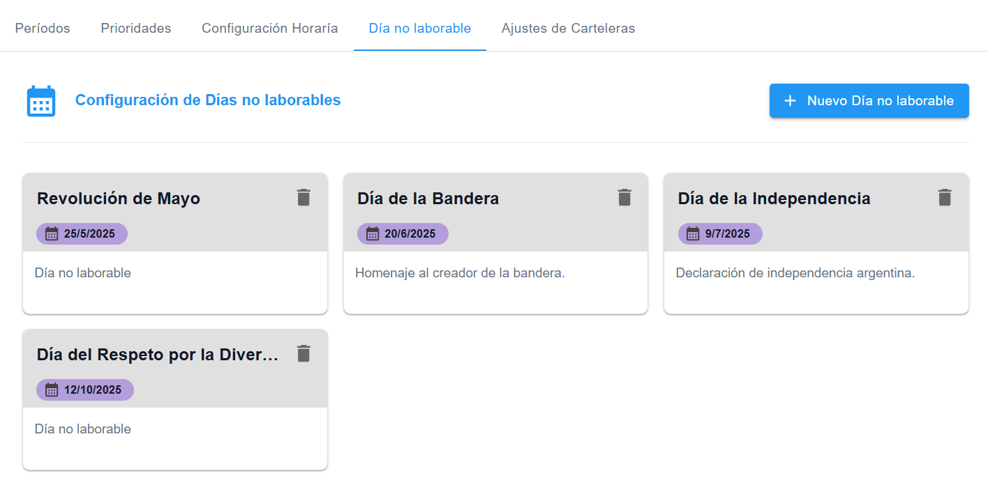 Vista de carga de días no laborales 