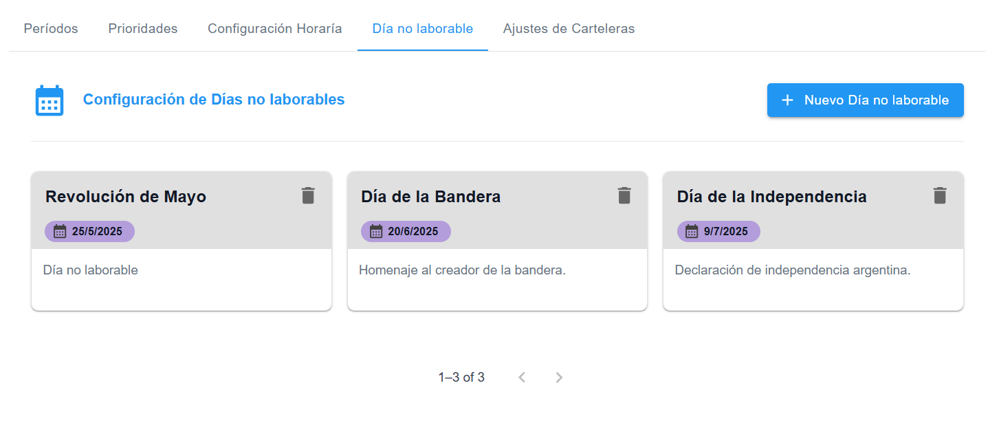 Vista de carga de días no laborales 