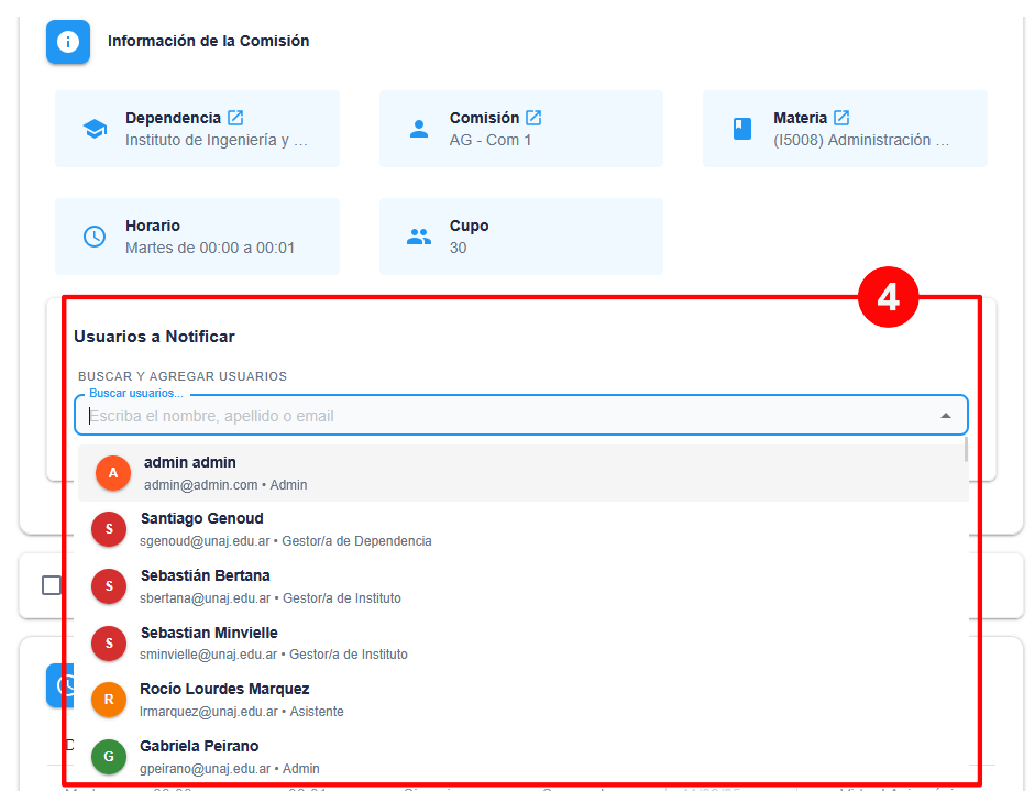 Selección de usuarios a notificar