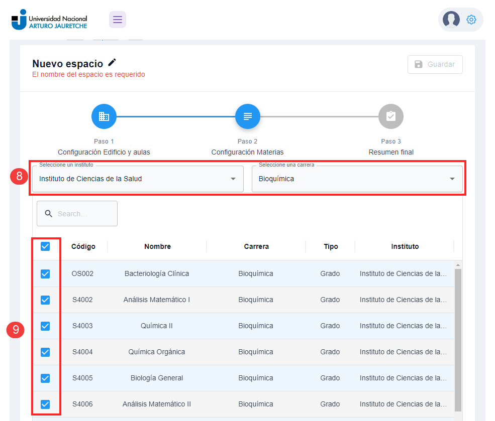 Configuración de materias